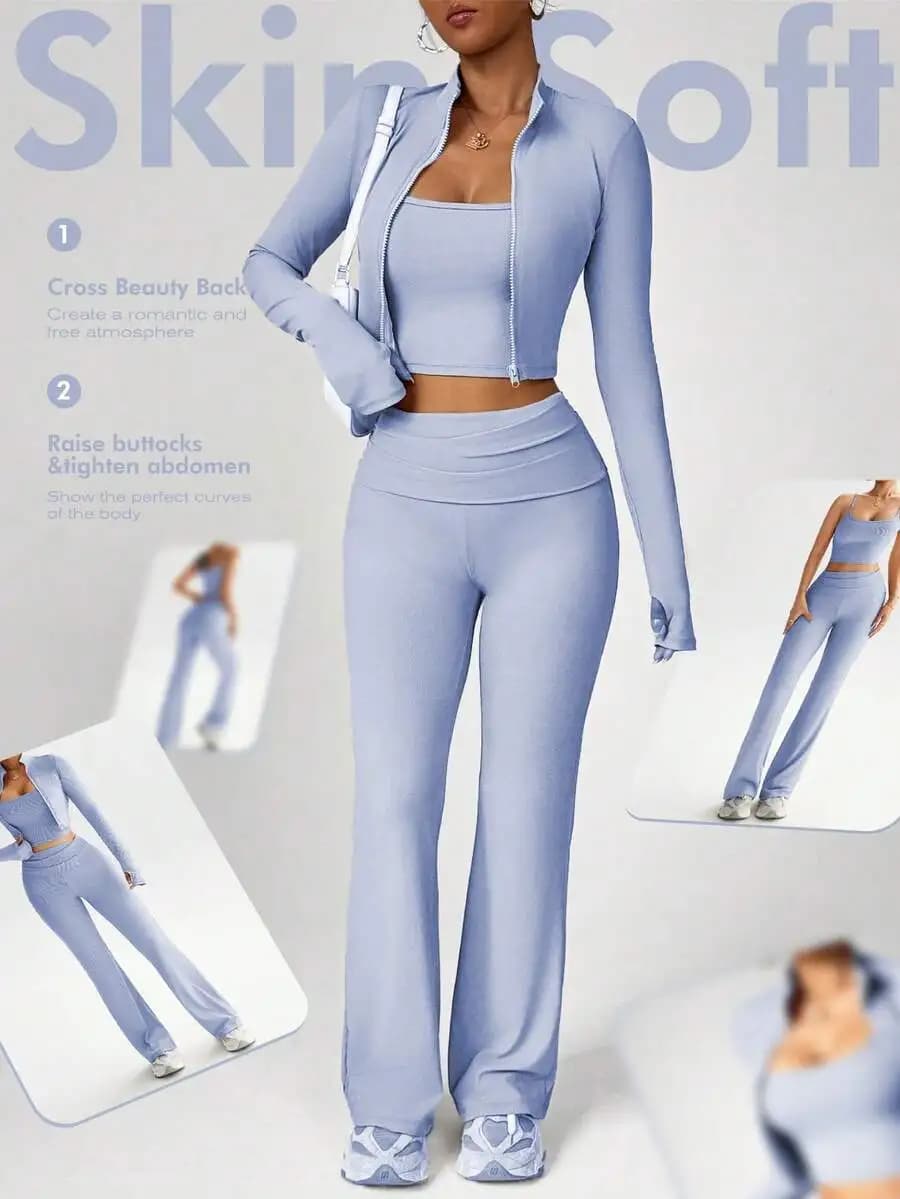Set Yoga da Donna 3 Pezzi: Top Corto con Scollo a U, Giacca a Collo Alto a Maniche Lunghe, Leggings Modellanti