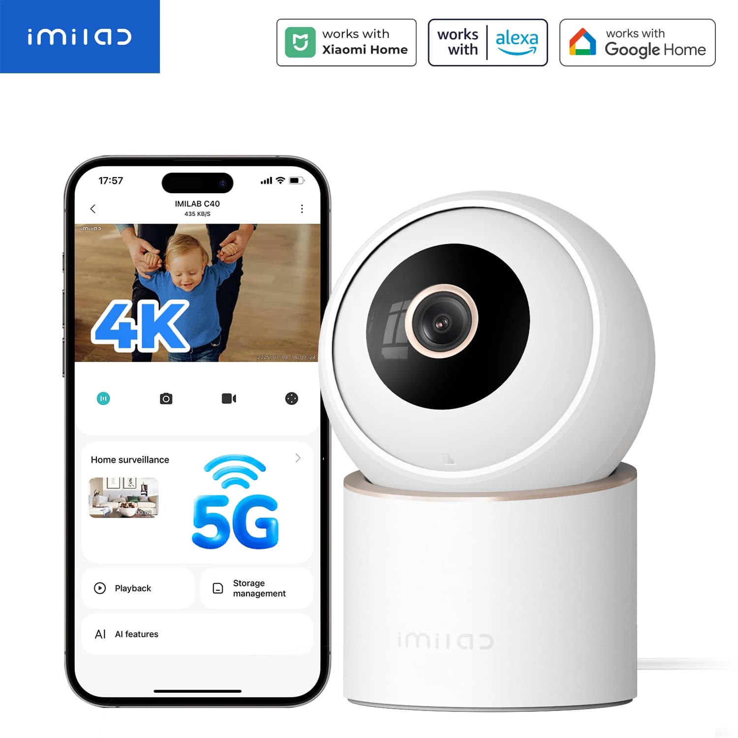 IMILAB C40 Telecamera WiFi 5G di sicurezza domestica Telecamera interna 4K PTZ per neonati/animali domestici con traccia per animali domestici Potente rilevamento AI Mihome