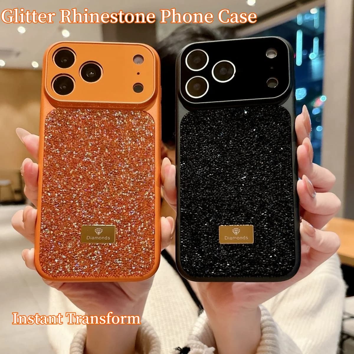 Custodia di Lusso Leggera con Glitter e Strass per iPhone 14 15 16 Pro, Aggiornamento Istantaneo 17 Pro Max, con Ampia Finestra in Vetro per la Lente e Protezione Anti-caduta
