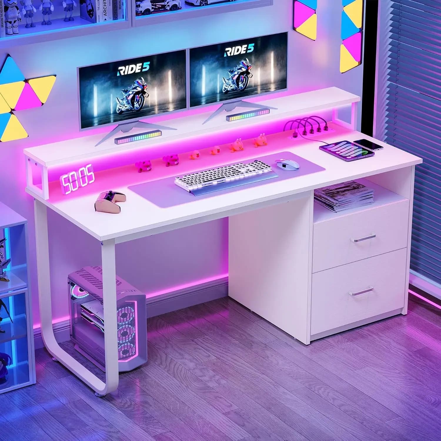 White office desk with drawers, 55' computer desk with power sockets and LED light, monitor support and storage space