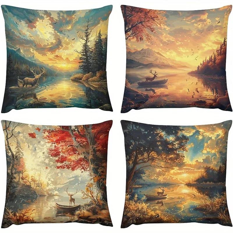 Home Decorations Deer by Lake Sunset Landscape Pillow Cover Model Pillow Sheet Suitable for Sofa Bedroom Car Pillow Sheet