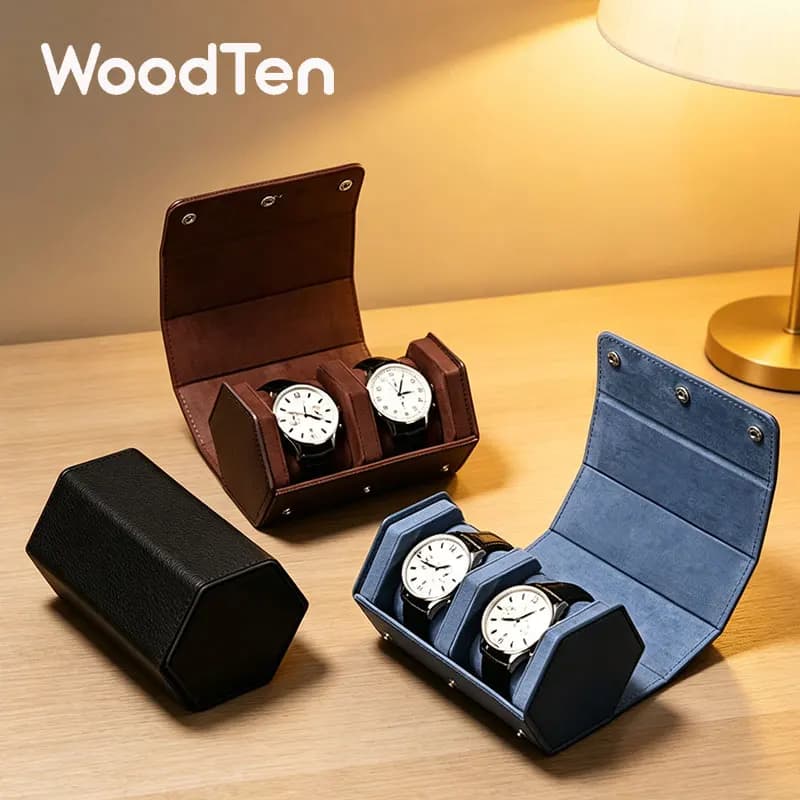 WoodTen Portable Watch Box Leather Watch Organizer Hexagon Watch Storage Box With Pillow Wristwatch Bag Birthday Gift Watch Case