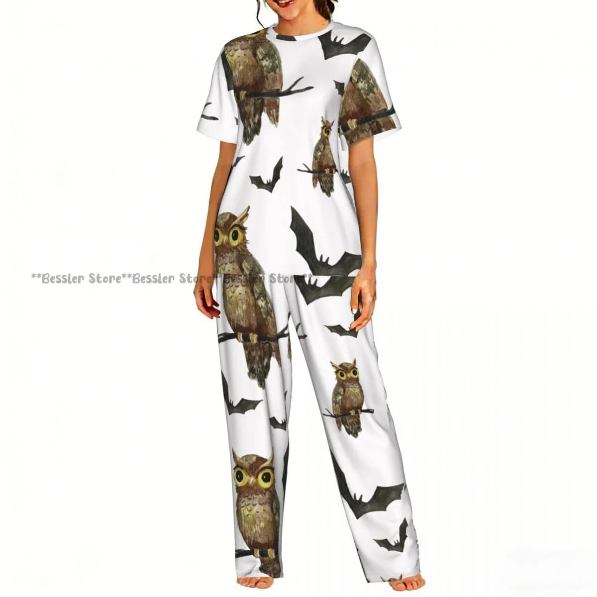 Women's 2-piece set, pajamas with Halloween pattern, owls and bats, short sleeve top and trousers, nightwear