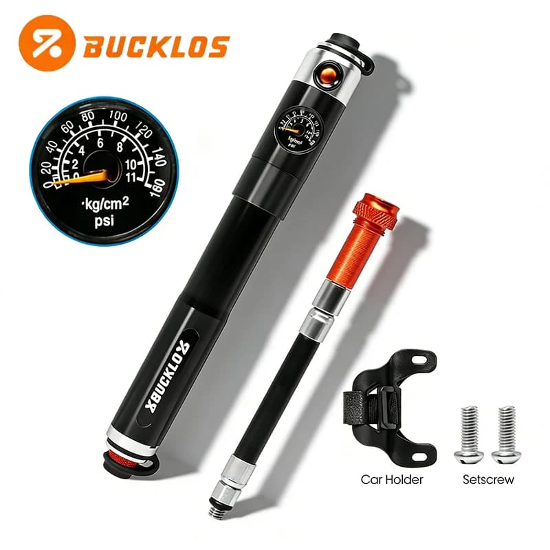 Pompa per Bicicletta BUCKLOS Mini con Manometro 160PSI, Gonfiatore Portatile Multifunzione, Accessori per Bici da Strada e MTB