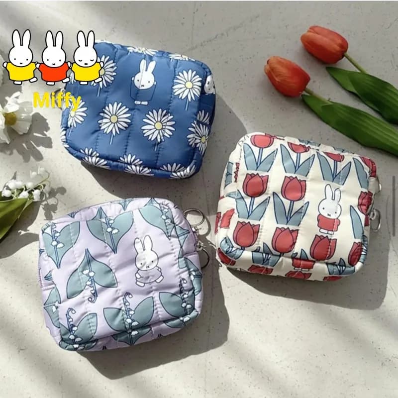 Borsa per il Trucco Kawaii Miffy in Stile Giapponese con Stampa di Fiori e Coniglietti, Borsetta Quadrata per Ragazze, Borsa Portatile per Donne