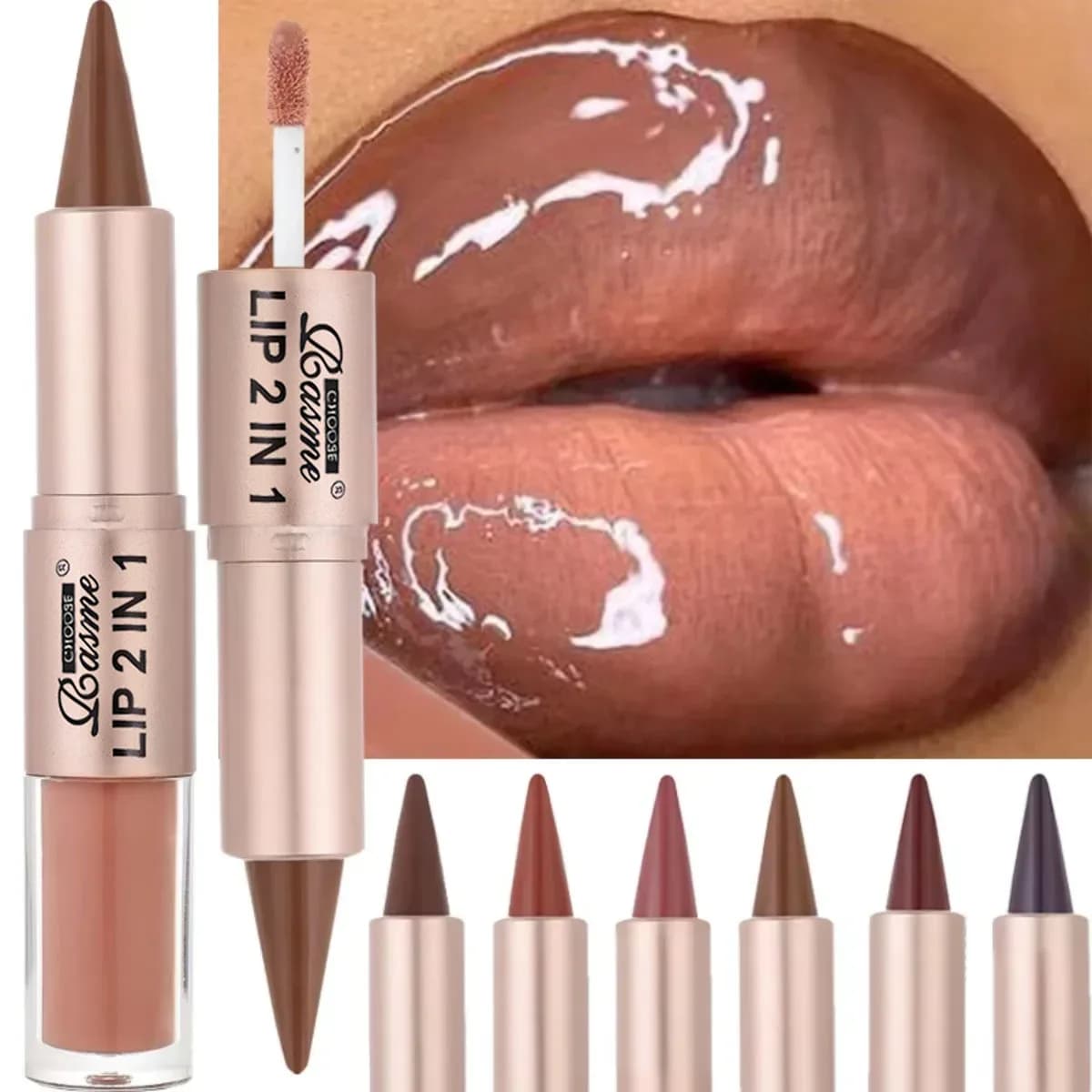 2IN1 conical blurred lip pen Lucidalabbra in mirrored brown nude glossy matt glossy lip contour waterproof lips Non-stick makeup