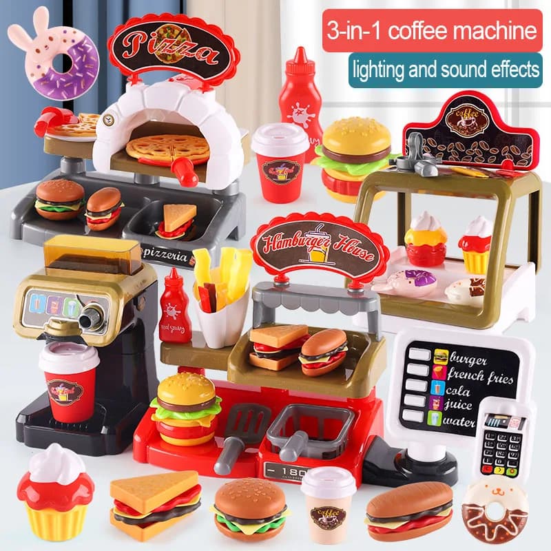 Kid Play House Gioco Cucina Fast Food Ristorante Hamburger Patatine fritte Dessert Macchina da caffè Cassiere Set Mini giochi di ruolo educativi Giocattoli