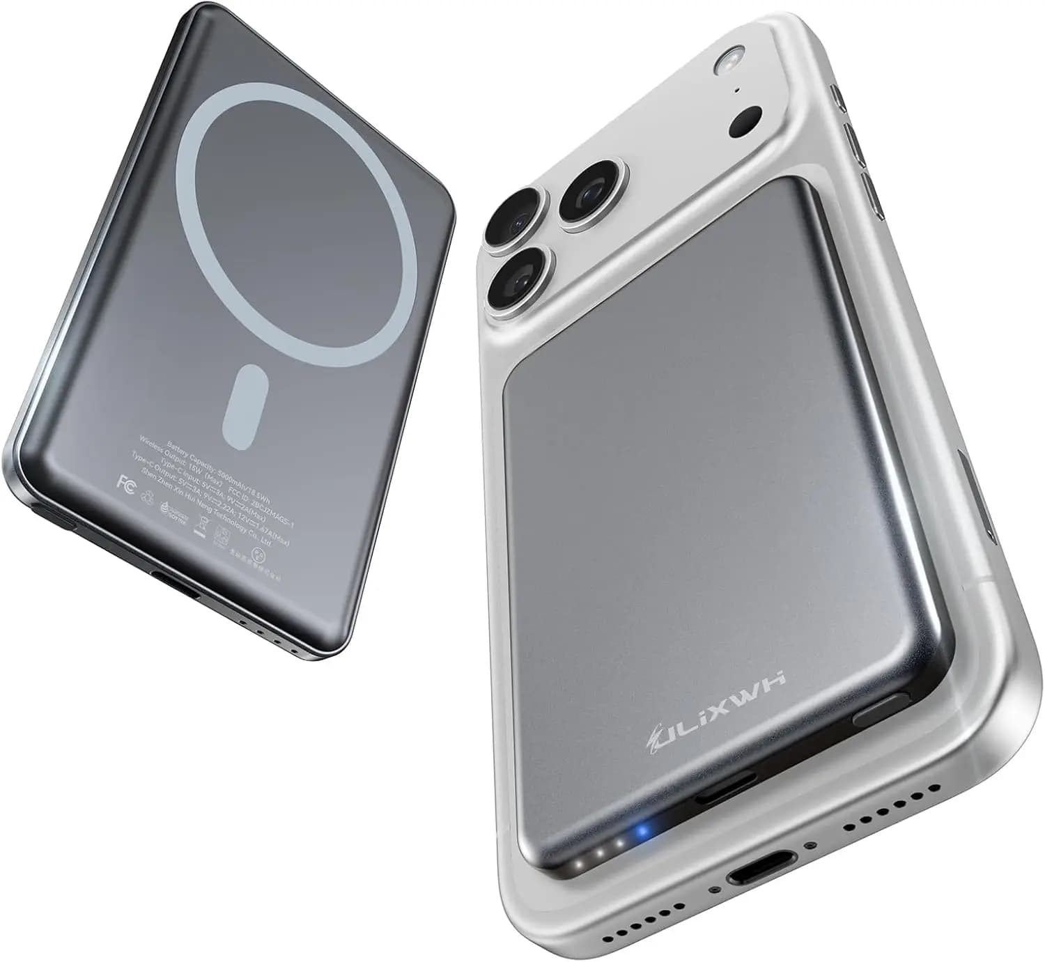 Caricabatterie Portatile Magsafe Ultra Sottile da 0,3 Pollici in Lega, Power Bank Magnetico Veloce da 5000mAh per iPhone 17/16/15 Pro Max/14/13, Grigio