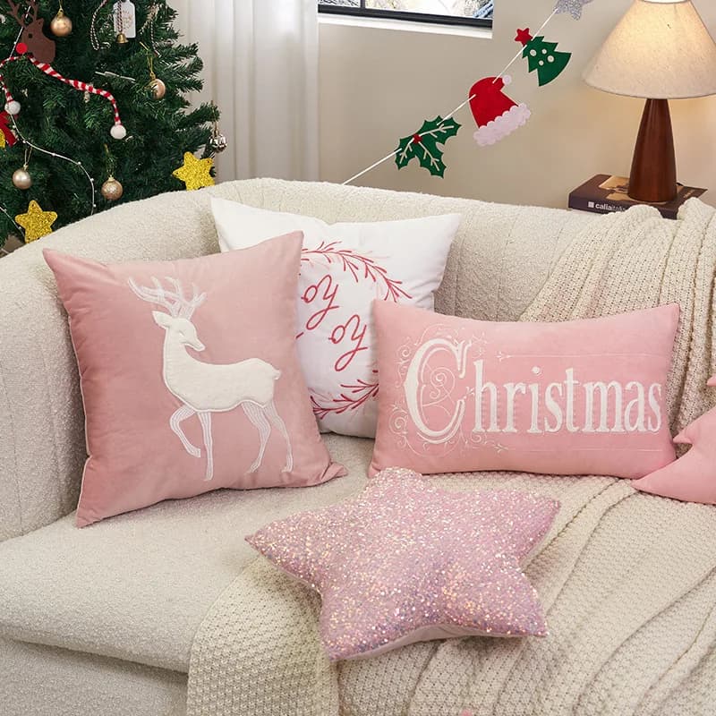 Fodera per cuscino natalizia rosa carina Festival di Capodanno Fodera per cuscino ricamata natalizia per divano Cuscini decorativi per la casa