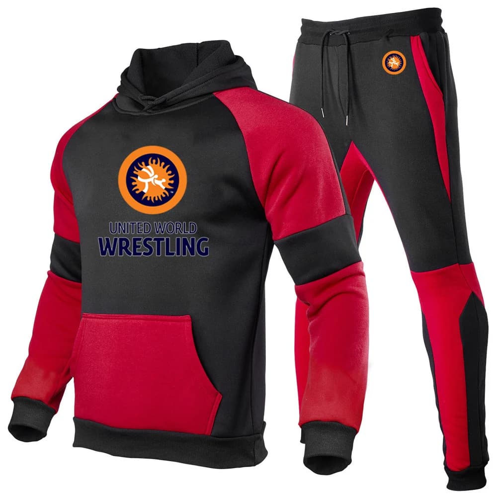 United World Wrestling UWW 2025 Primavera e Autunno Nuovo Vestito da Uomo Casual Cuciture Patchwork Felpa con Cappuccio + Pantaloni Harajuku Set