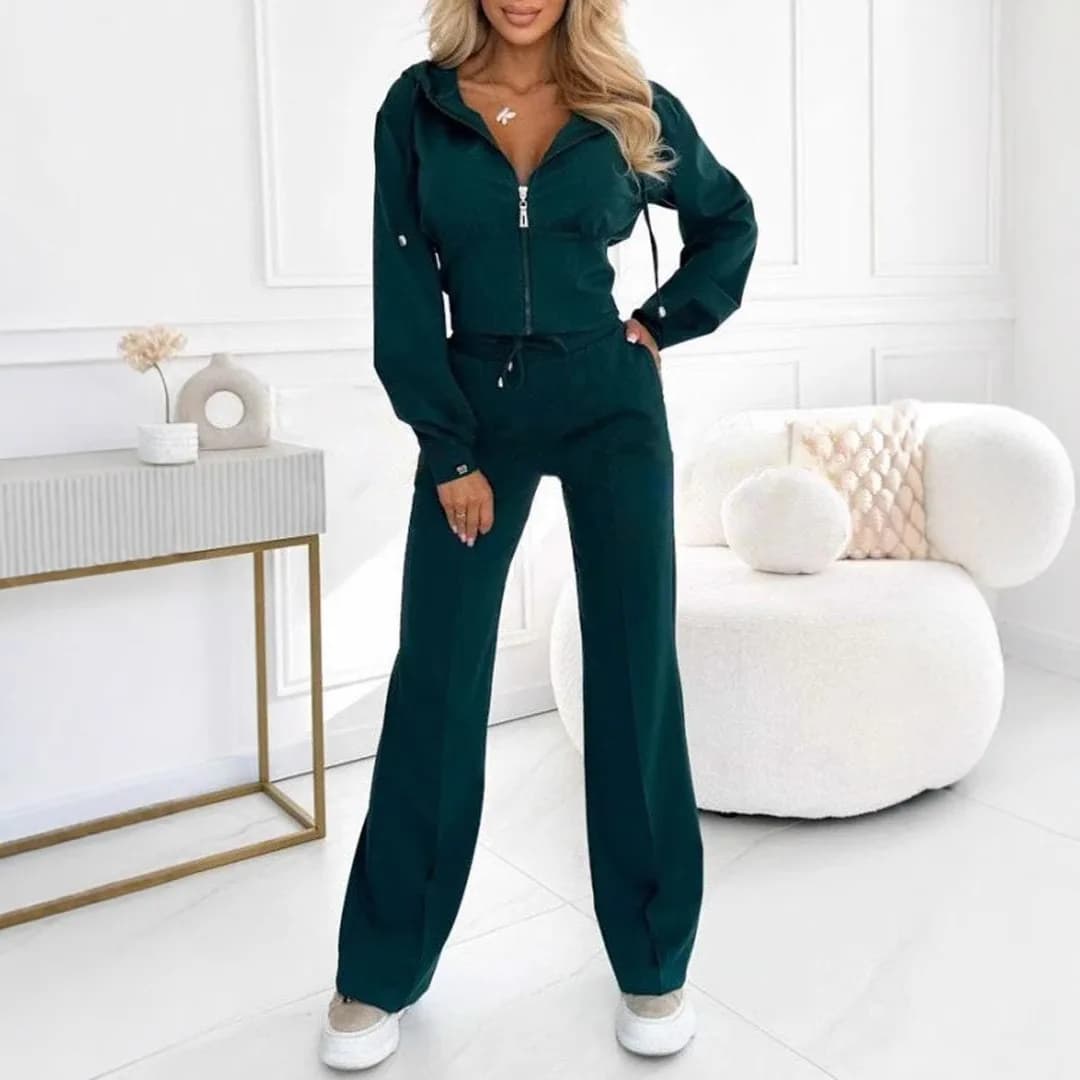2025 Autumn Winter Women's Two-piece Set Short Hooded Sweatshirt Fashion Zipper Tight Elastic Waist Pant Sets for Female