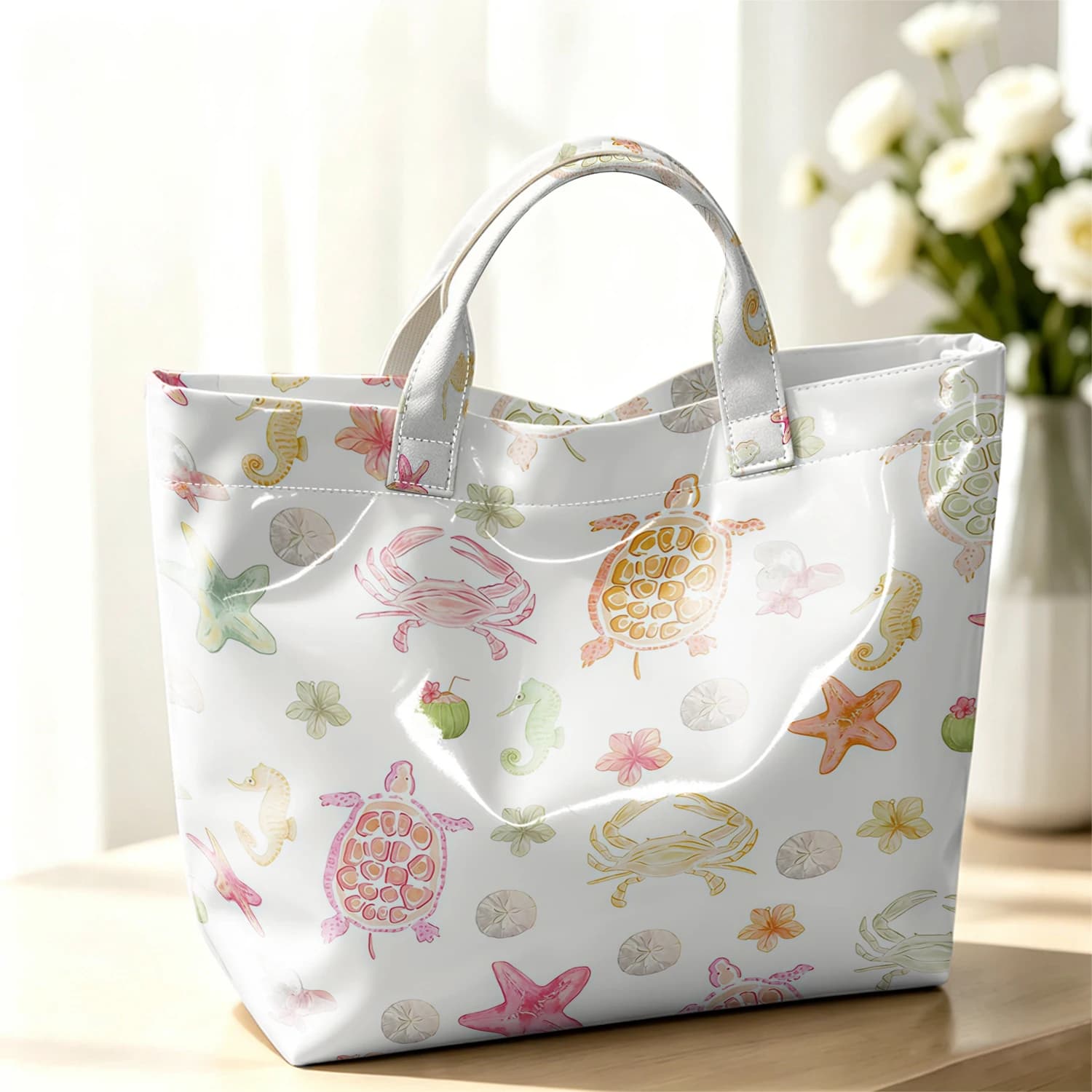 Pastel Sea Creature Fashion Large Glossy PVC Tote Bag Hand Washable Waterproof Perfect Travel Commute Cosmetic Storage Shopper