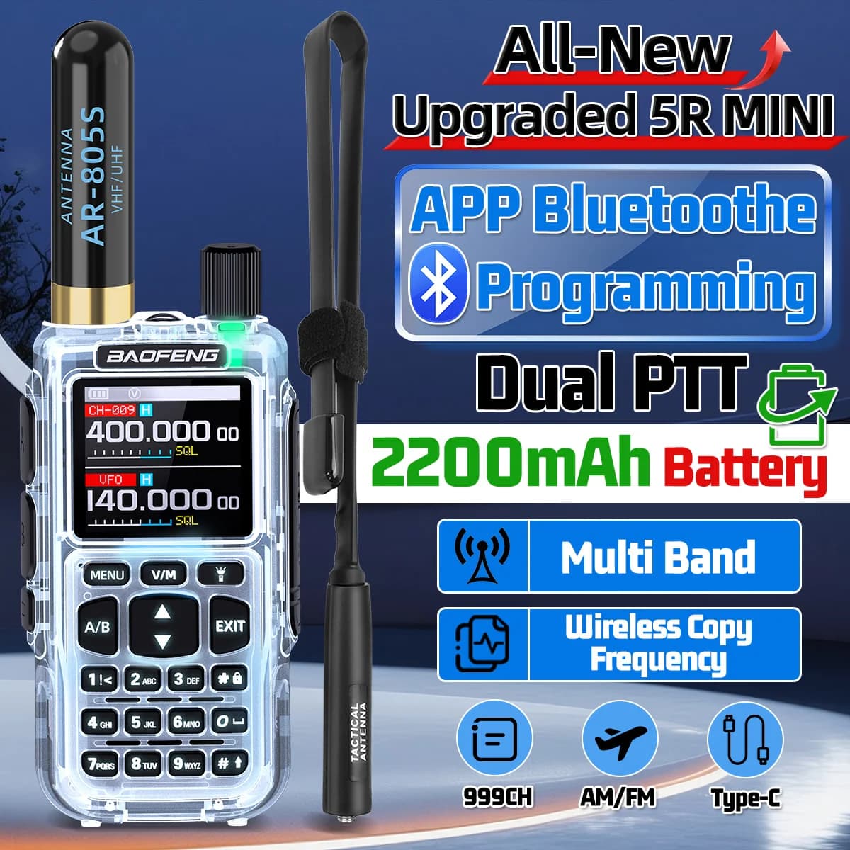 Baofeng MINI 5 Walkie Talkie Aggiornato UV-5R Mini Radio Amatoriale Multibanda con Programmazione Bluetooth e Doppio PTT per Campeggio Portatile