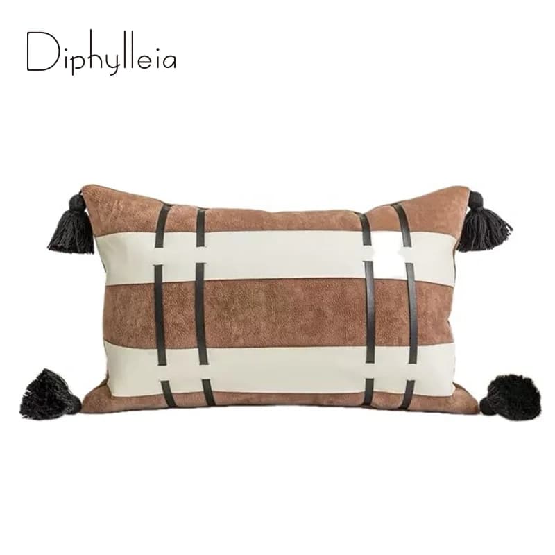 Fodera per cuscino Diphylleia H Style Inspiration Equestrian, in pelle marrone con cuciture nere, federa per cuscino lombare, decorazione rustica di lusso per la casa