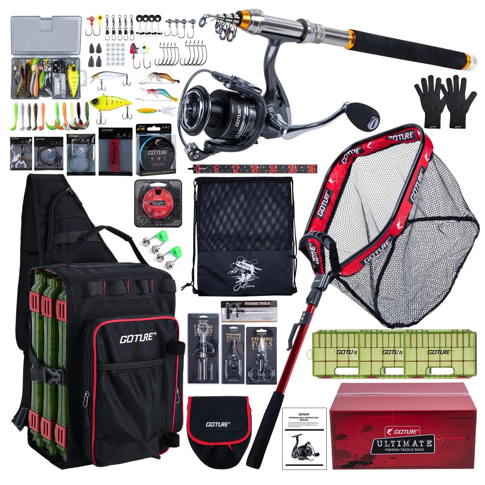 Goture 6FT - 9FT Telescopic Fishing Rod and Reel Combo w/Bag & Landing Net and Tackle for Fishing Full set of equipment
