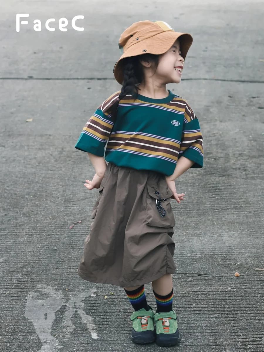 Summer New Loose Fit Striped Short Sleeve T-Shirt for Girls Outdoor Camping Style Kids Clothing Breathable Cotton Polyester B...
