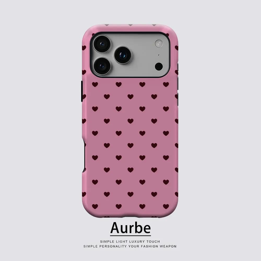 Custodia Aurbe Matte 2-in-1 con Pellicola e Supporto MagSafe per iPhone 17 16 15 14 Plus 17 Pro Max, Antiurto, Rigida, Stampa Cuori Rosa e Marrone