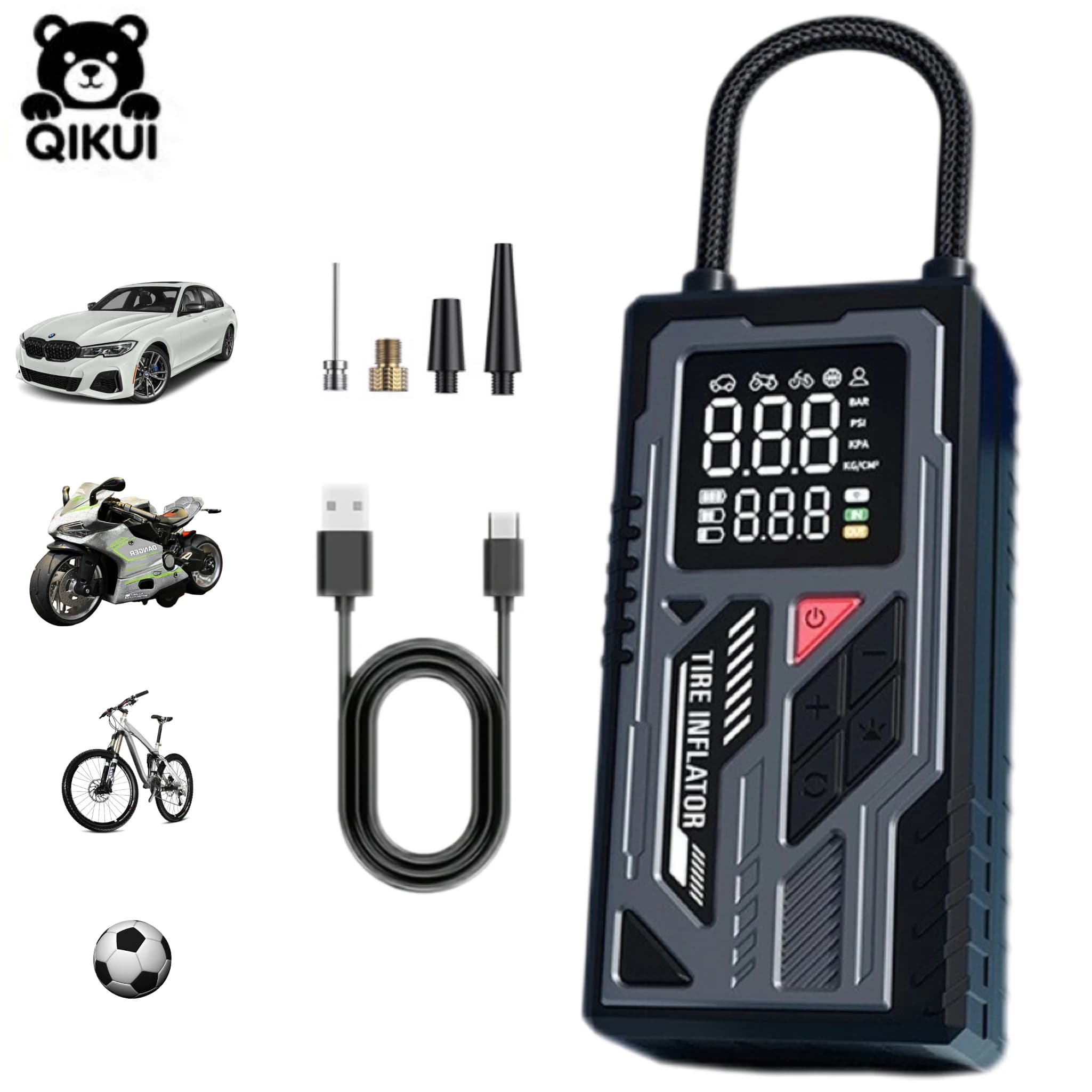 Pompa d'aria elettrica wireless QIKUI potente da 150 PSI per pneumatici auto con luci LED e manometro per auto, moto, biciclette e palloni