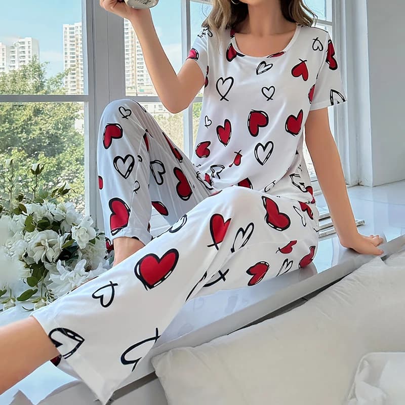 Lady's Satin Heart Print 2Pcs Pajama Set Short Sleeve Round Neck Tee And Matching Pants Breathable Fabric For Summer Sleepwear