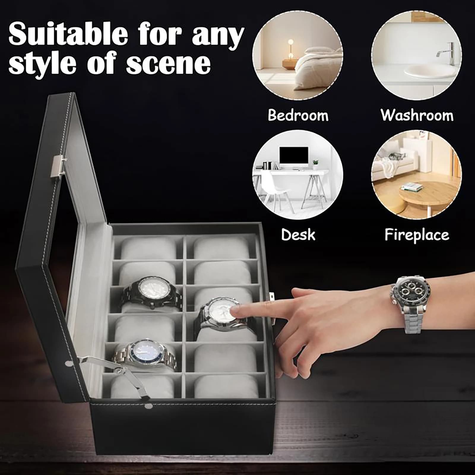 Espositore per Orologi a 12 Scomparti a 2 Livelli con Cassetto e Coperchio in Vetro, Organizzatore in Metallo con Chiusura, Regalo di Compleanno per Uomini e Donne