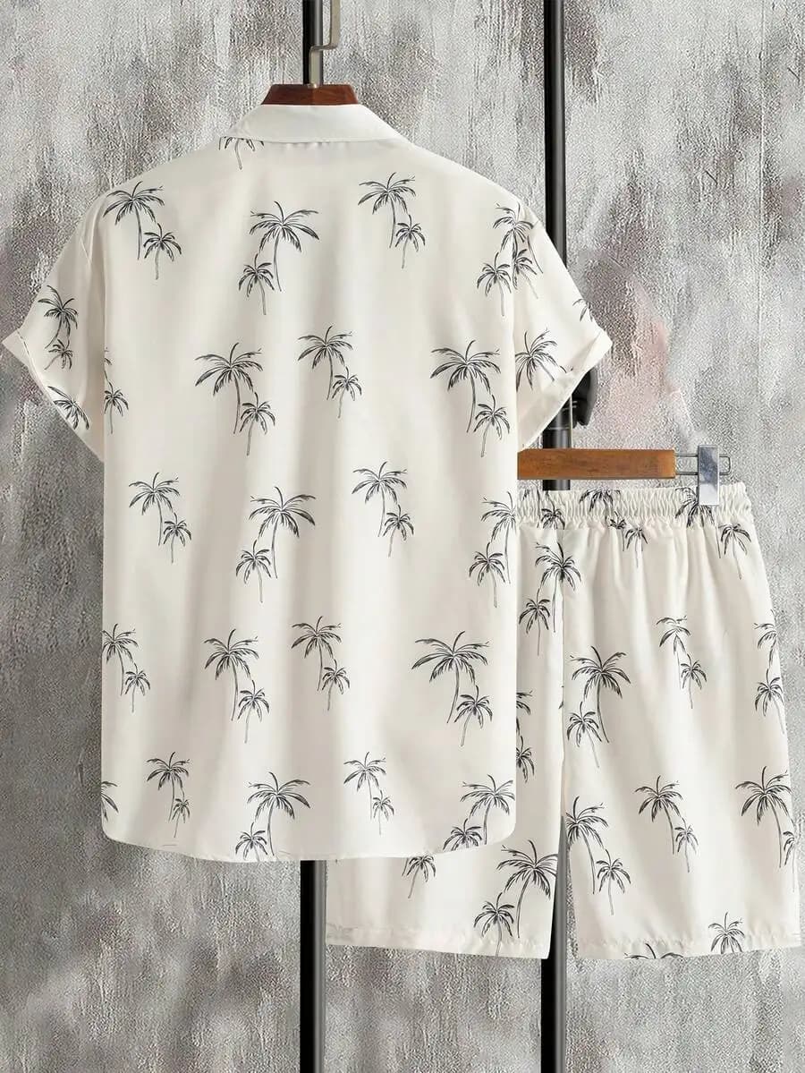 Manfinity Homme Men Summer Vacation Casual Coconut Tree Printed Short Sleeve Shirt And Shorts Set , Graphic , Funny , Vacation