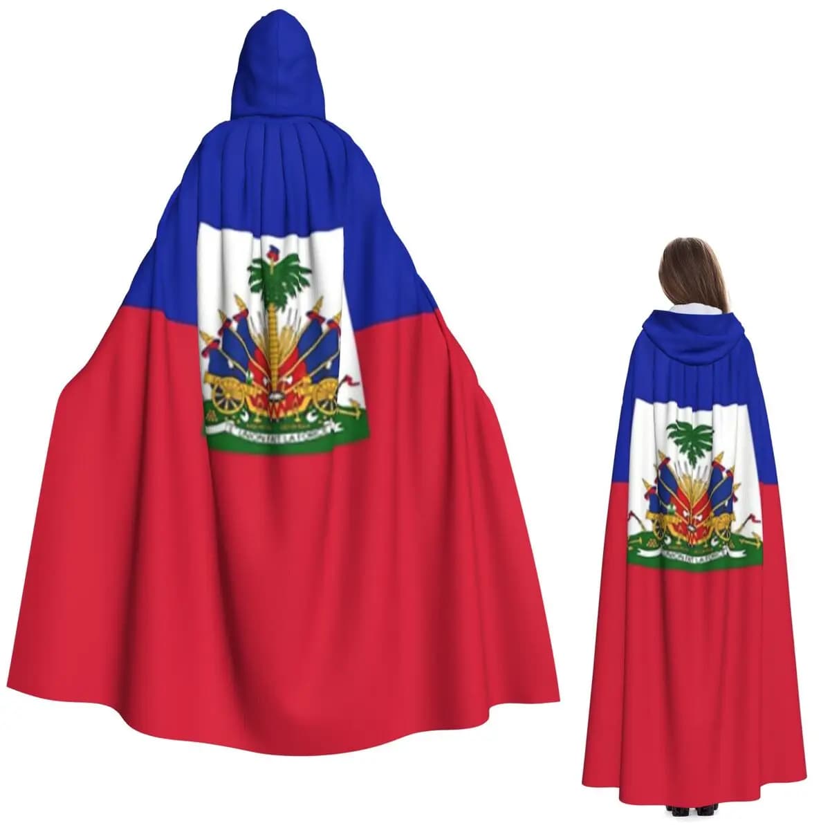Bandiera di Haiti Mantello lungo con cappuccio Haiti Strega Costume medievale Mantello cosplay HalloweenVampiro Adulto Unisex