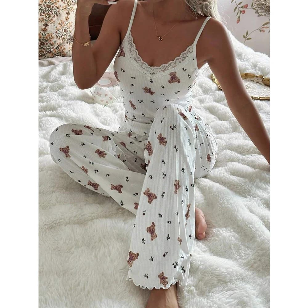 Cute Bear Print 2 Piece Pajamas Set Women's Sleepwear Crop Top and Pants Casual Slim Elastic Home Wear Loungewear