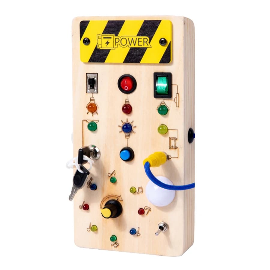 Montessori Busy Board Giocattoli sensoriali in legno con interruttore della luce a LED Scheda di controllo Attività di viaggio Giochi per bambini per 2-4 anni