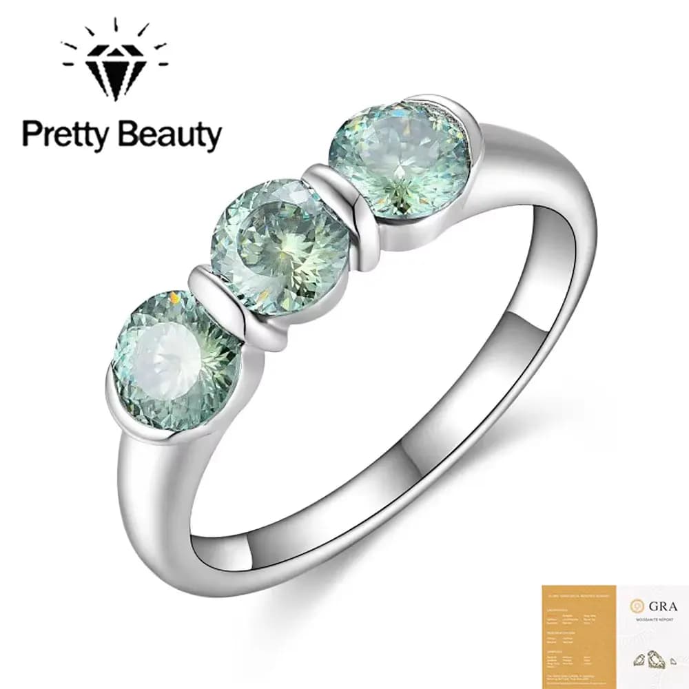 Pretty Beauty Green Moissanite Three Stones Ring for Women Wedding Band 925 Silver Bezel Set Diamond Promise Ring Fine Jewelry