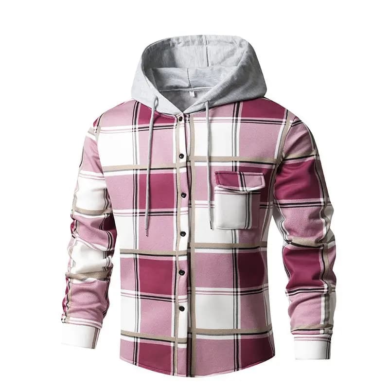 Giacca in Flanella a Quadri da Uomo con Cappuccio, Imbottita in Pile, Autunno Inverno, Casual, Alla Moda, Versatile, Nuovo Stile
