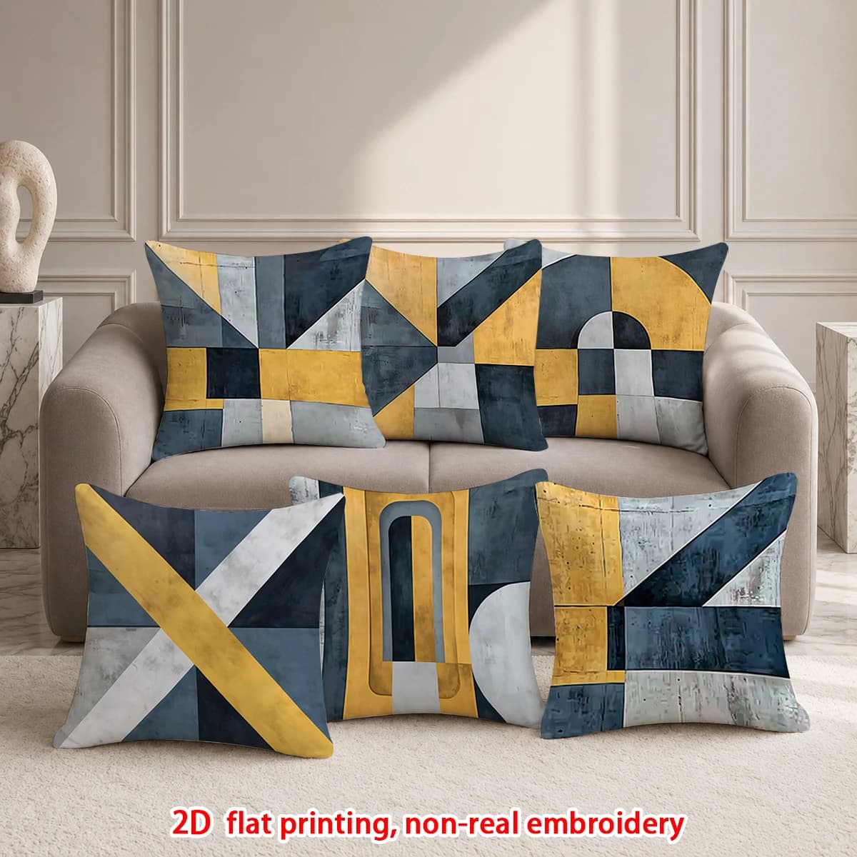 1pc Set of 6 Modern Geometric Abstract Art Throw Pillow Covers, Minimalist Yellow Navy Grey Decorative Cushion Cases for Sofa
