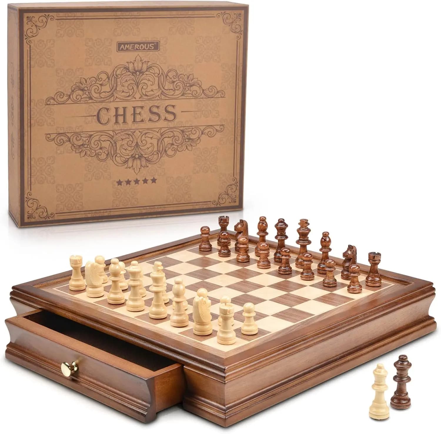 Set di Scacchi in Legno Magnetico da 12,8 Pollici con Cassetti Portaoggetti, Regine Extra, Confezione Regalo
