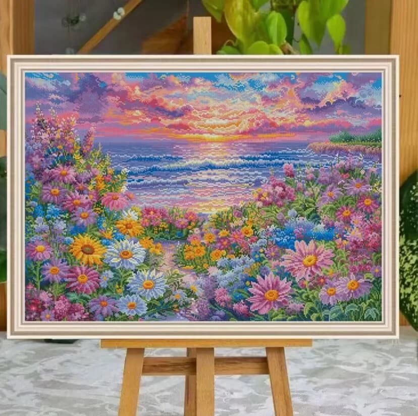 9CT 100X75CM Flowers Sea Needlework,DIY Living Room Printed Cross Stitch,Set For Embroidery Kit Full Cotton Threads