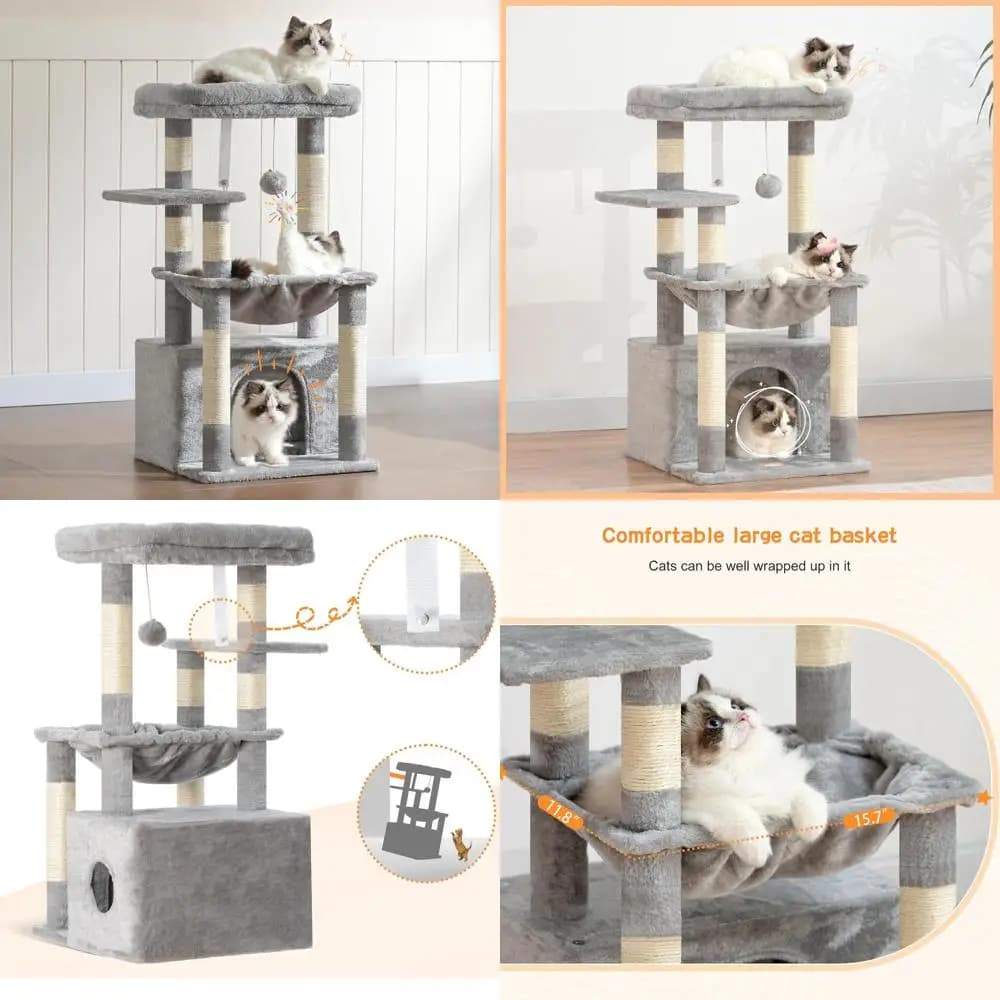 Heybly Albero per gatti, Torre per gattini con grande cestino per gatti Sot, Condo per gatti con spaziosa grotta per gatti con spazio nascosto, S coperto in sisal