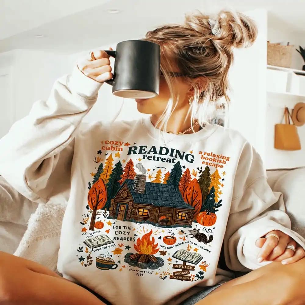 Felpa da donna accogliente cabina lettura ritiro comfort unisex top book amante vintage dark academia autunno accogliente lettori sublimazione felpa