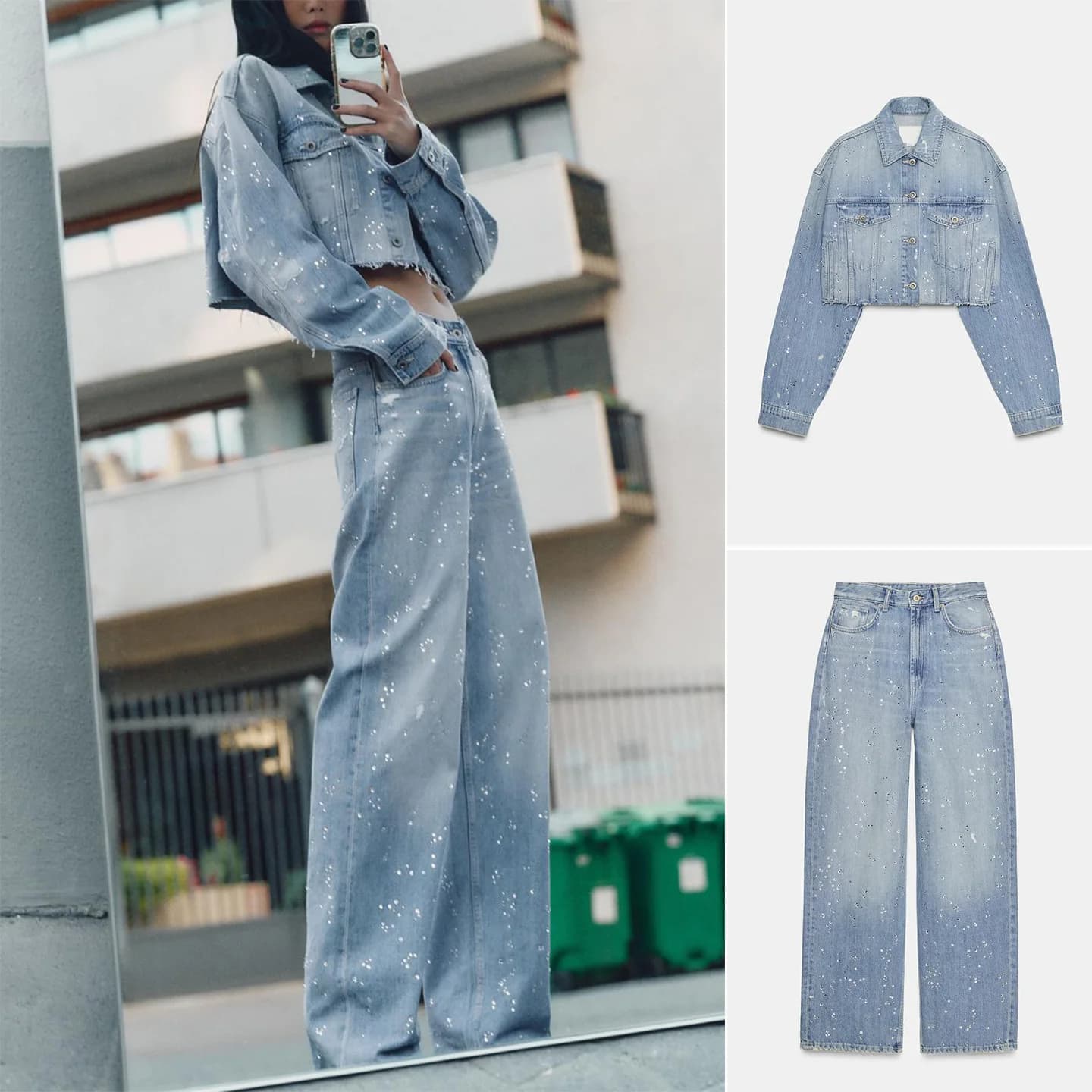 High Waist Straight Leg Jeans with Rhinestone Stickers Short Collared Denim Jacket Casual Sportswear Set for Women