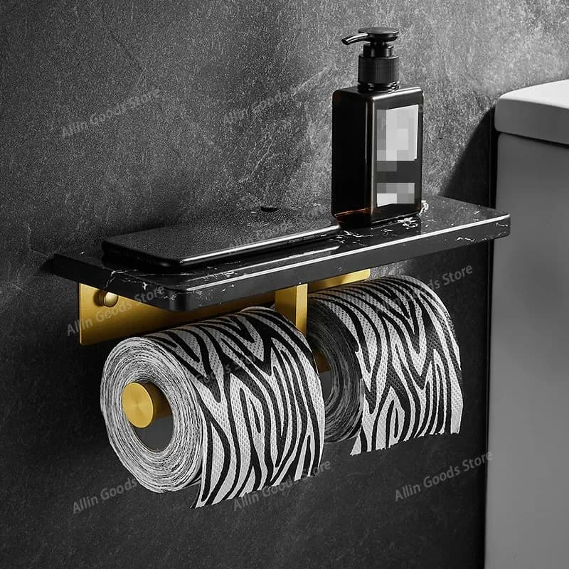 Bathroom marble tissue holder, toilet paper holder, mobile phone storage rack, non perforated toilet, gold roll paper holder