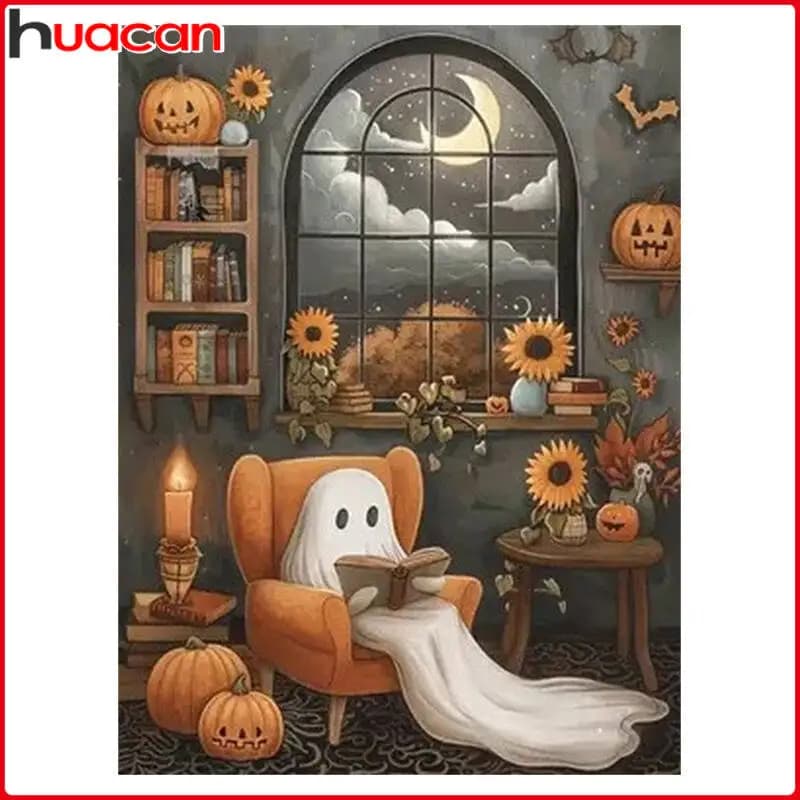 Huacan Halloween Diamond Painting Cute Cartoon Ghost Pumpkin Lantern Full Diamond Mosaic Kit Home Decor Gift