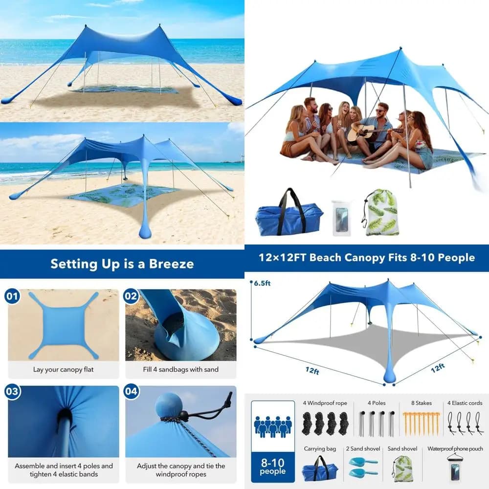 12x12FT portable beach turkey with UPF50+ sunshade, includes blanket, phone case, sand bags, poles and wind ropes for Ou