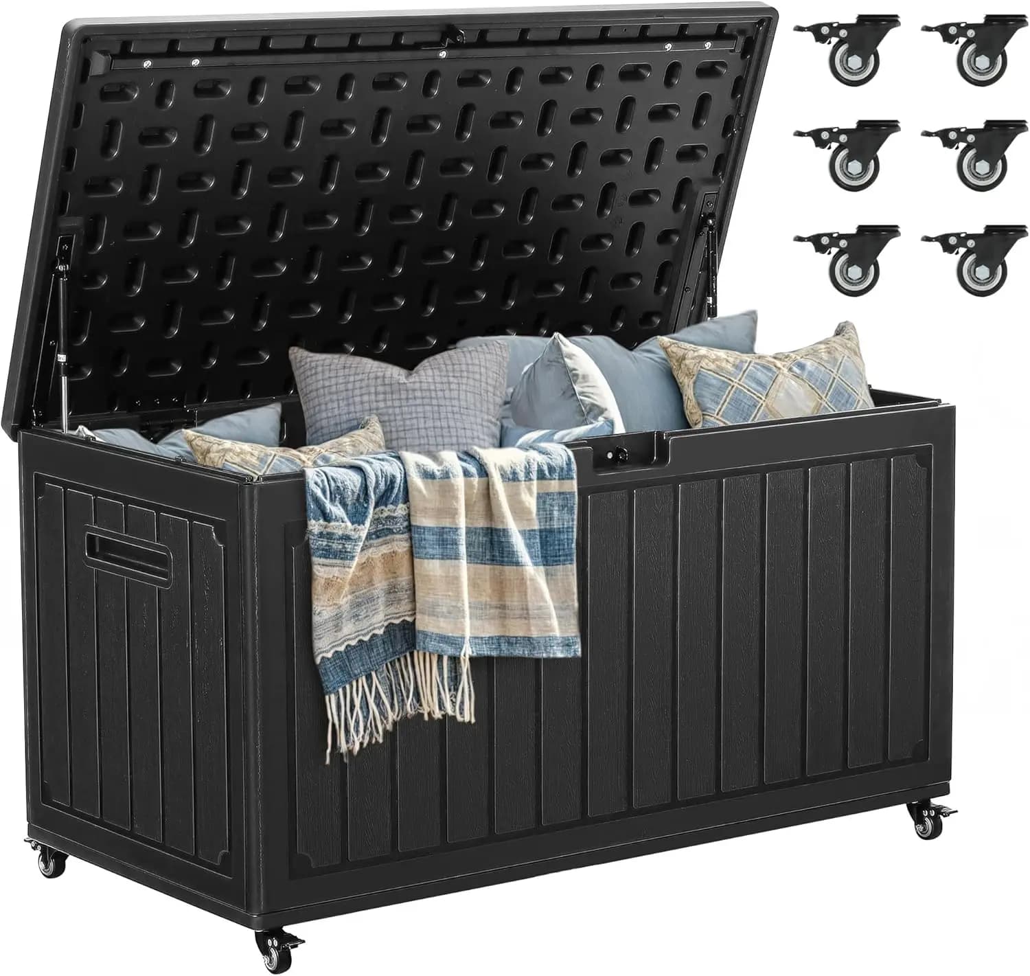 Large 90 Gallon Exterior Container with 6 Wheels, Waterproof and Closed Box for Patio Furniture and Garden Tools, Black