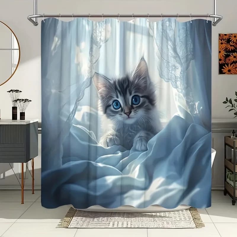 1pc Cute And Cozy Themed Shower Curtain Features an Adorable Little Cat with One Blue Eye, Making It Very Charming. It Comes wit