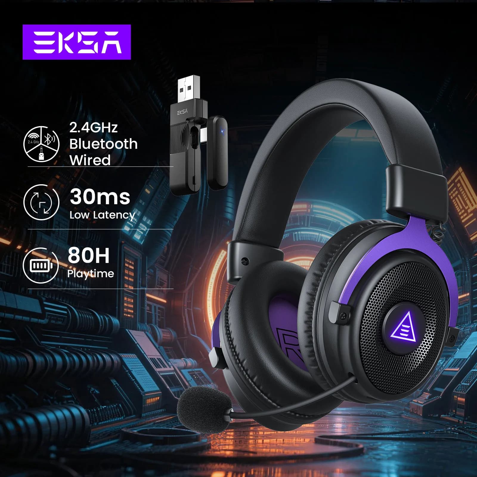 EKSA E900 WT Cuffie wireless da 2,4 GHz Bluetooth 7.1 USB/Type C Cuffie da gioco con microfono ENC per PC/PS4/PS5/Xbox,80H