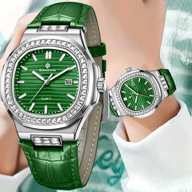 BANGWEI LIGE Orologio da polso da donna elegante Orologio da polso con cronografo quadrato al quarzo impermeabile in pelle verde semplice per donna