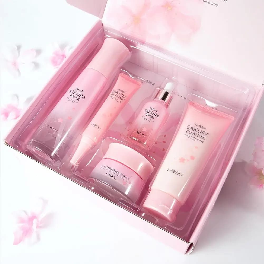 LAIKOU Sakura Kit Idratante e Riducente per le Linee Sottili, Set per la Cura dei Pori della Pelle, Set Regalo di Prodotti di Bellezza, Cura Detergente, Natale M8J6