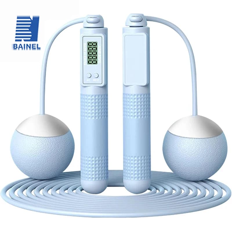 Jumping Waist with Counter - Wireless Weighted Rope Jumping Corda with Large Fitness Exercise Ball - Men and Women (Blu)