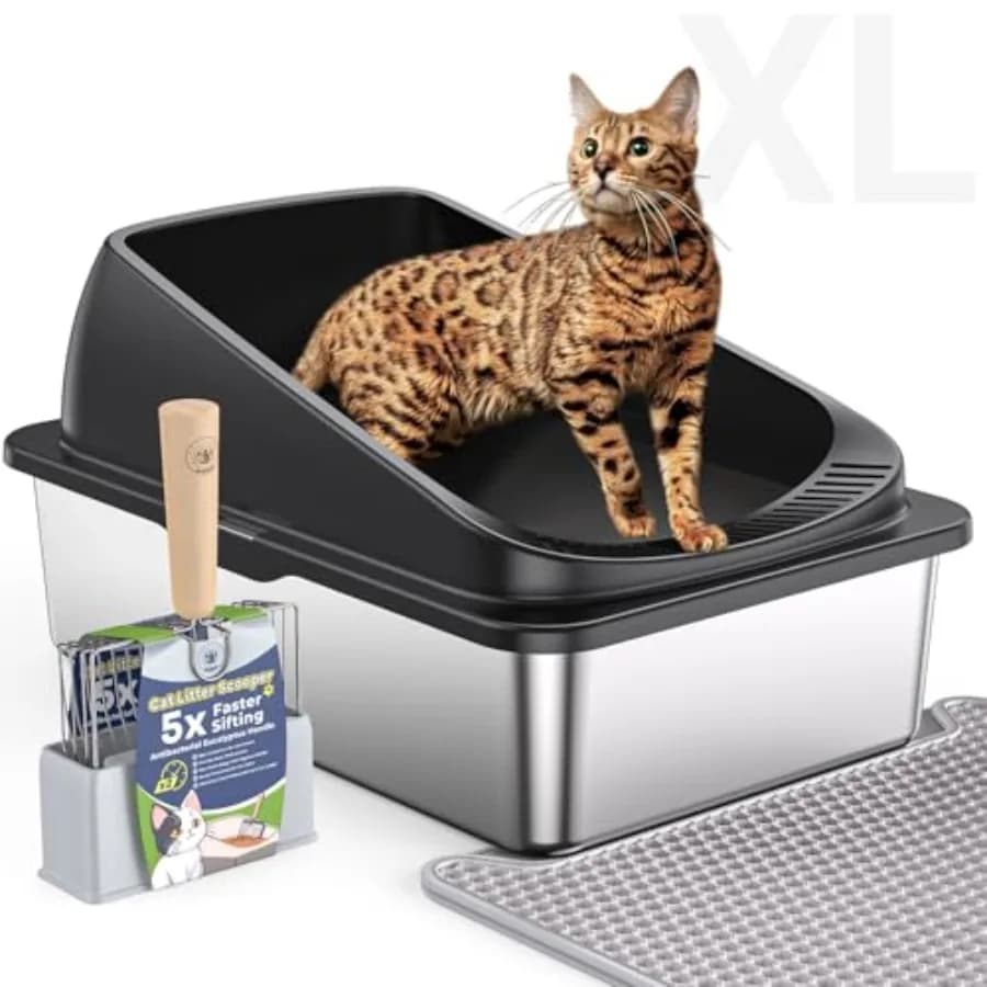 Stainless Steel Cat Litter Box with Scoop, Metal Litter Box High Sided, Cat Litter Box Enclosure, XL Extra Large High-Sided Lit