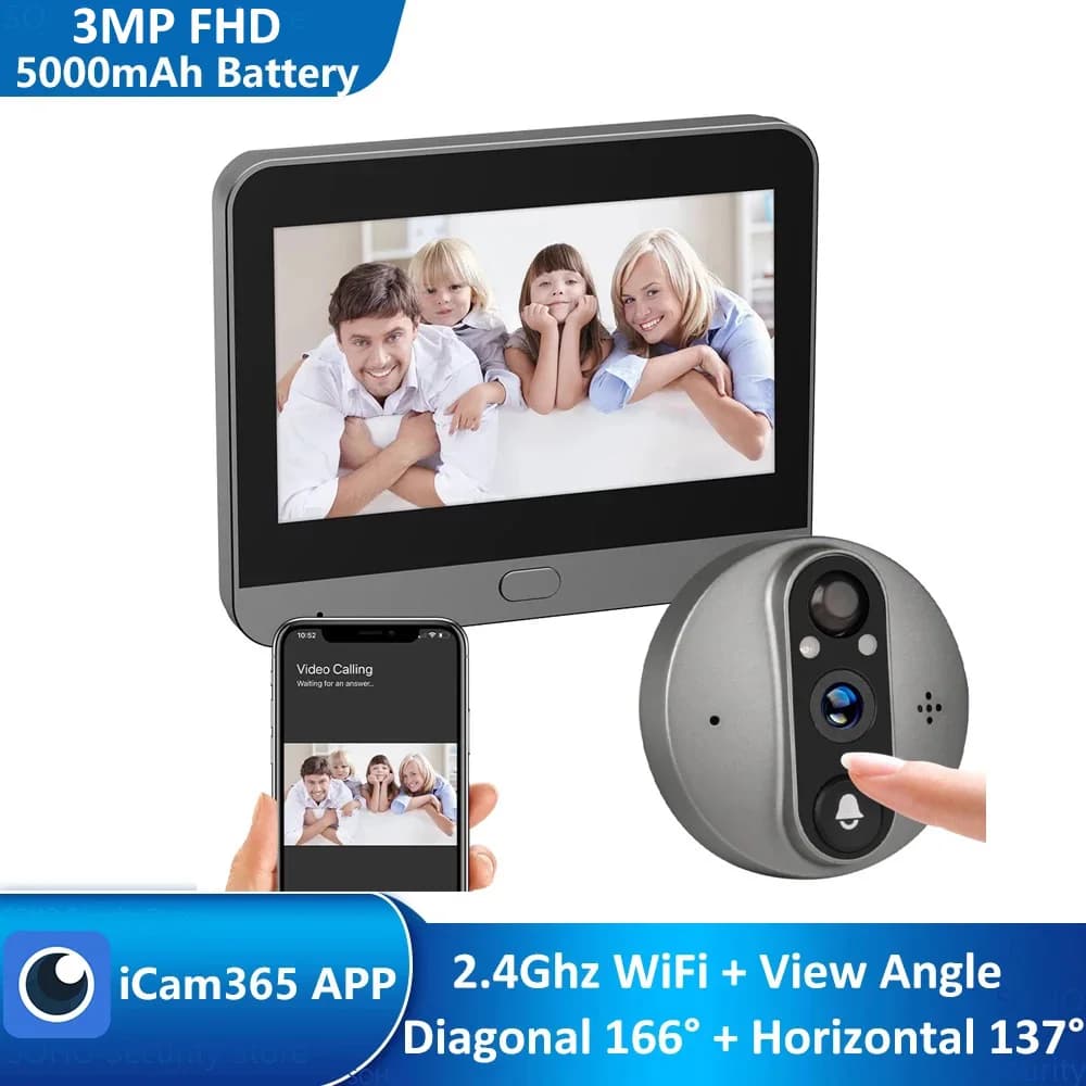 Campanello intelligente da 3 MP FHD WiFi alimentato a batteria, telecamera magica Cat Eye, spioncino digitale PIR FHD con monitor, campanello wireless