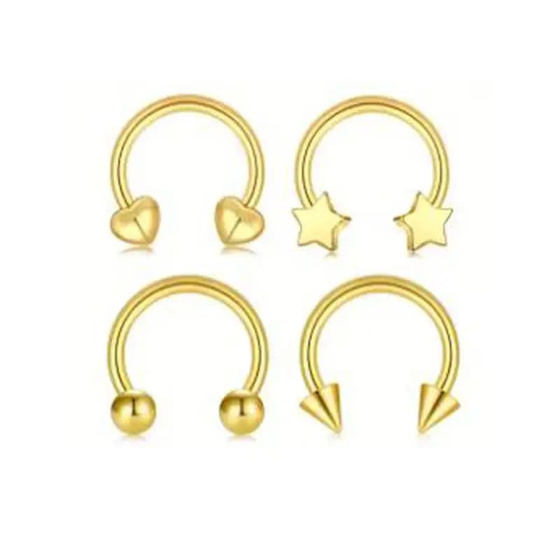 4pcs/Set 16G Stainless Steel Body Piercing Rings Horseshoe Nose Lip Ear Hoops with Ball Cone Star Heart Charms for Women