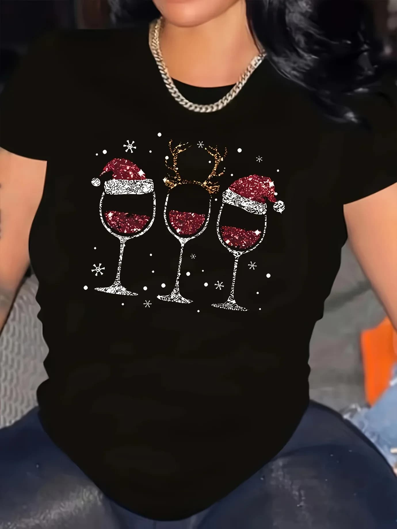 Bow Top Christmas Plus Size T-shirt for Ladies Graphic Letter T-Shirt T-shirt with Of A Cup Christmas T-shirt for Women
