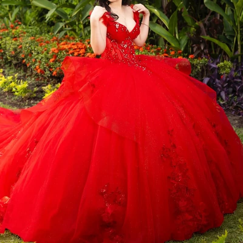Abito da ballo rosso con spalle scoperte Abiti Quinceanera Appliques Fiore che borda Tull di cristallo Abito dolce 16 abiti 15 anos